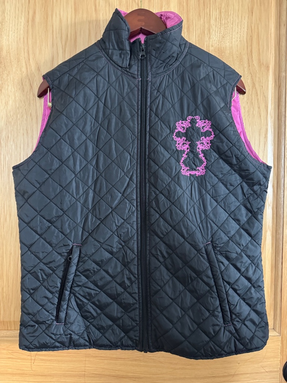 Shyanne Black Quilted Vest with Pink Cross Appliqué